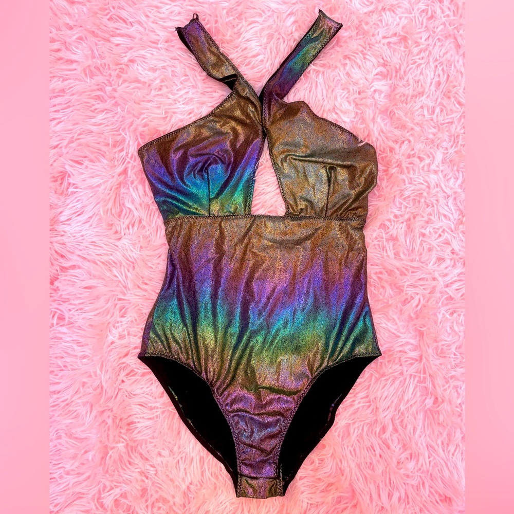 Body Rage Shiny, Metallic Rainbow & Black Rave Bodysuit | Small S